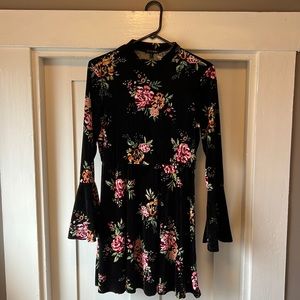 Last Chance- Black Velvet Floral dress with Long Flowy Sleeves
